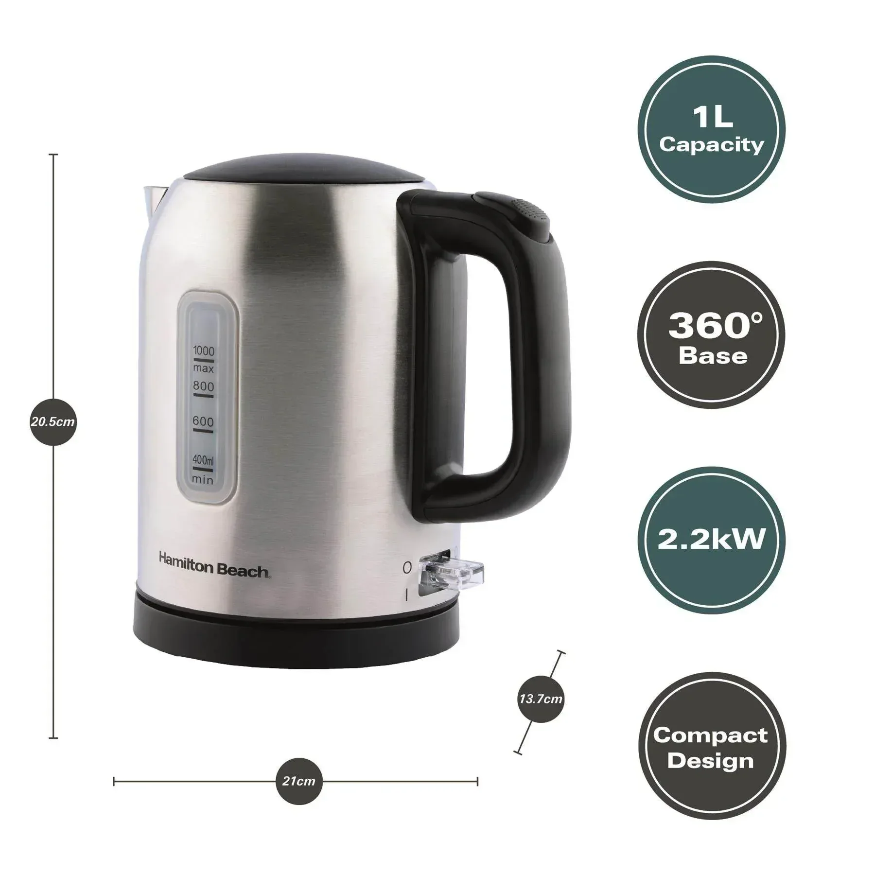 Hamilton Beach Compact 1L Kettle & Rise 2 Slice Toaster Set - Stainless Steel - Image 4
