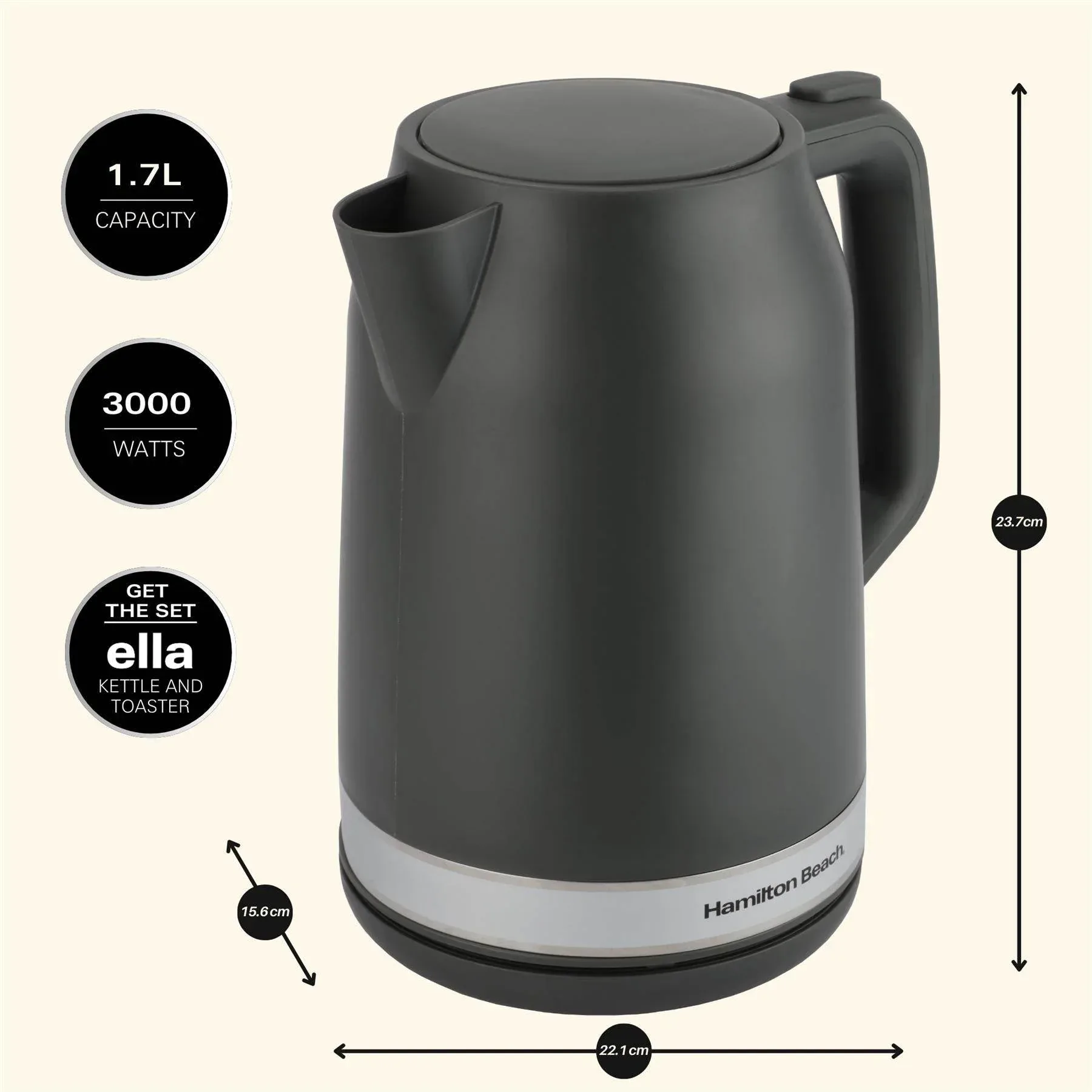 Hamilton Beach Ella 1.7L Kettle - Matte Charcoal - Image 3