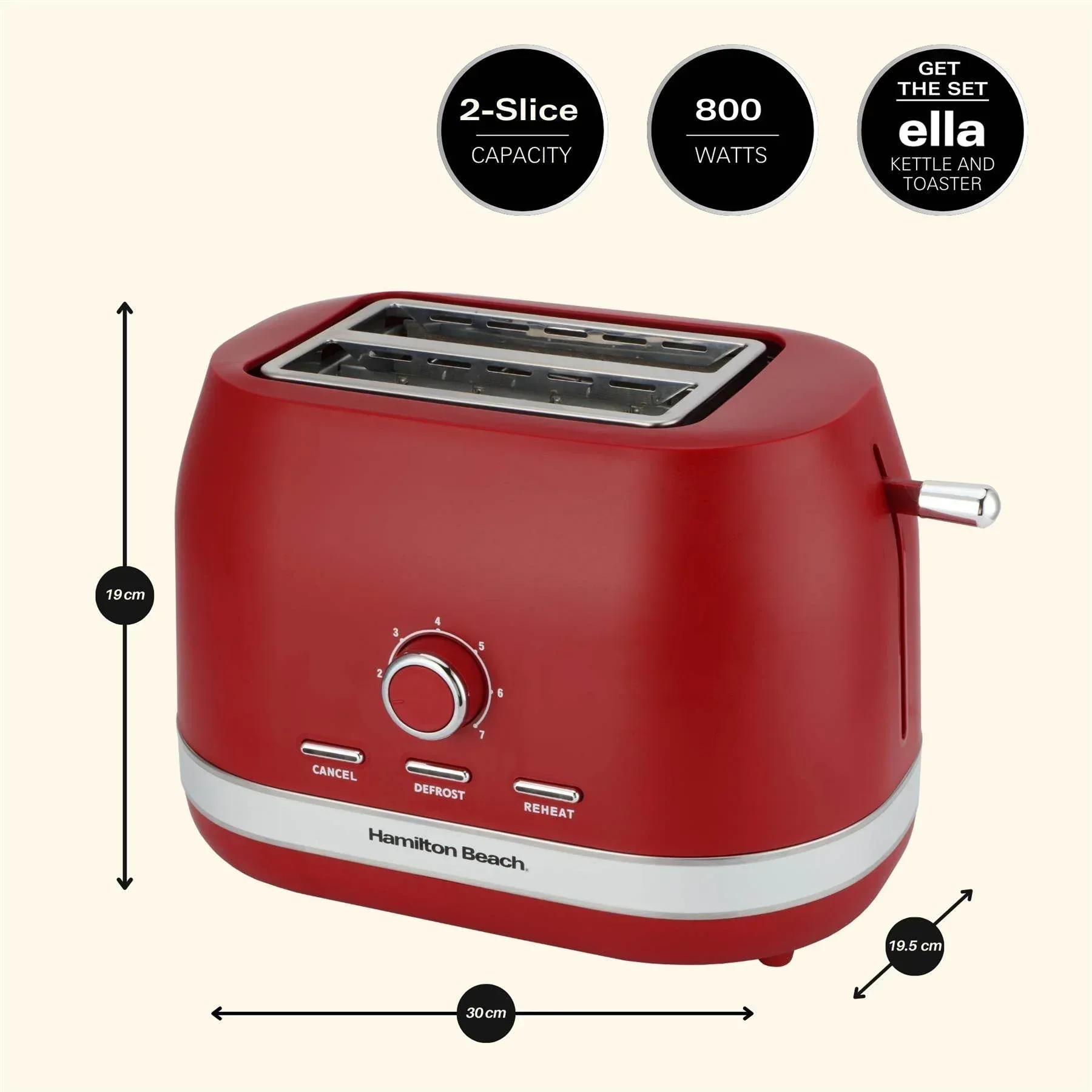 Hamilton Beach Ella 2 Slice Toaster - Matte Red - Image 3
