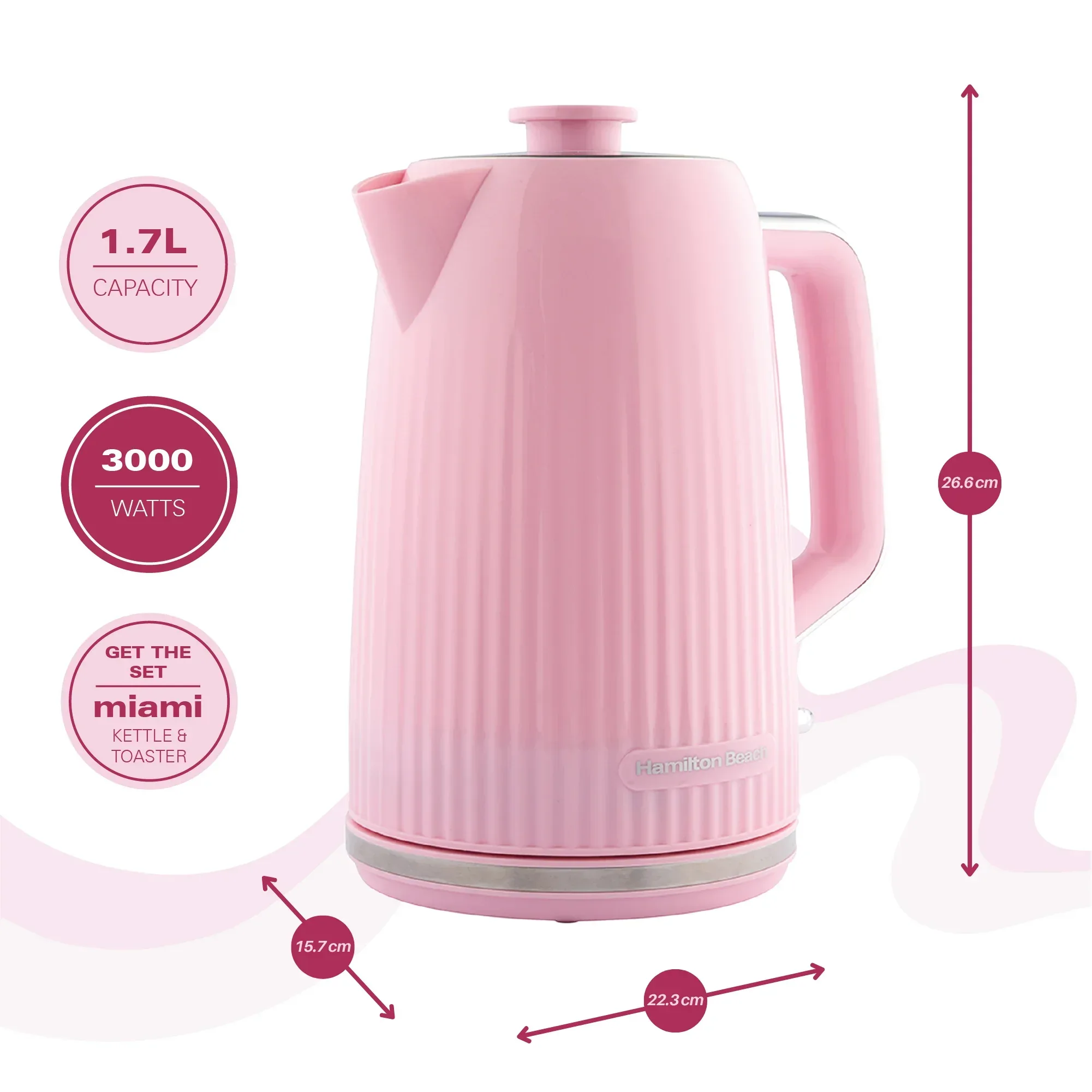 Hamilton Beach Miami Kettle & Toaster Set Flamingo Pink - Image 6