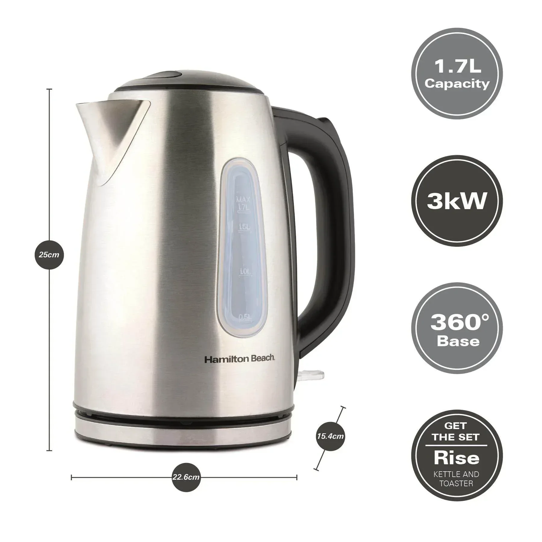 Hamilton Beach Rise Stainless Steel 1.7L Kettle - Brushed - Image 3