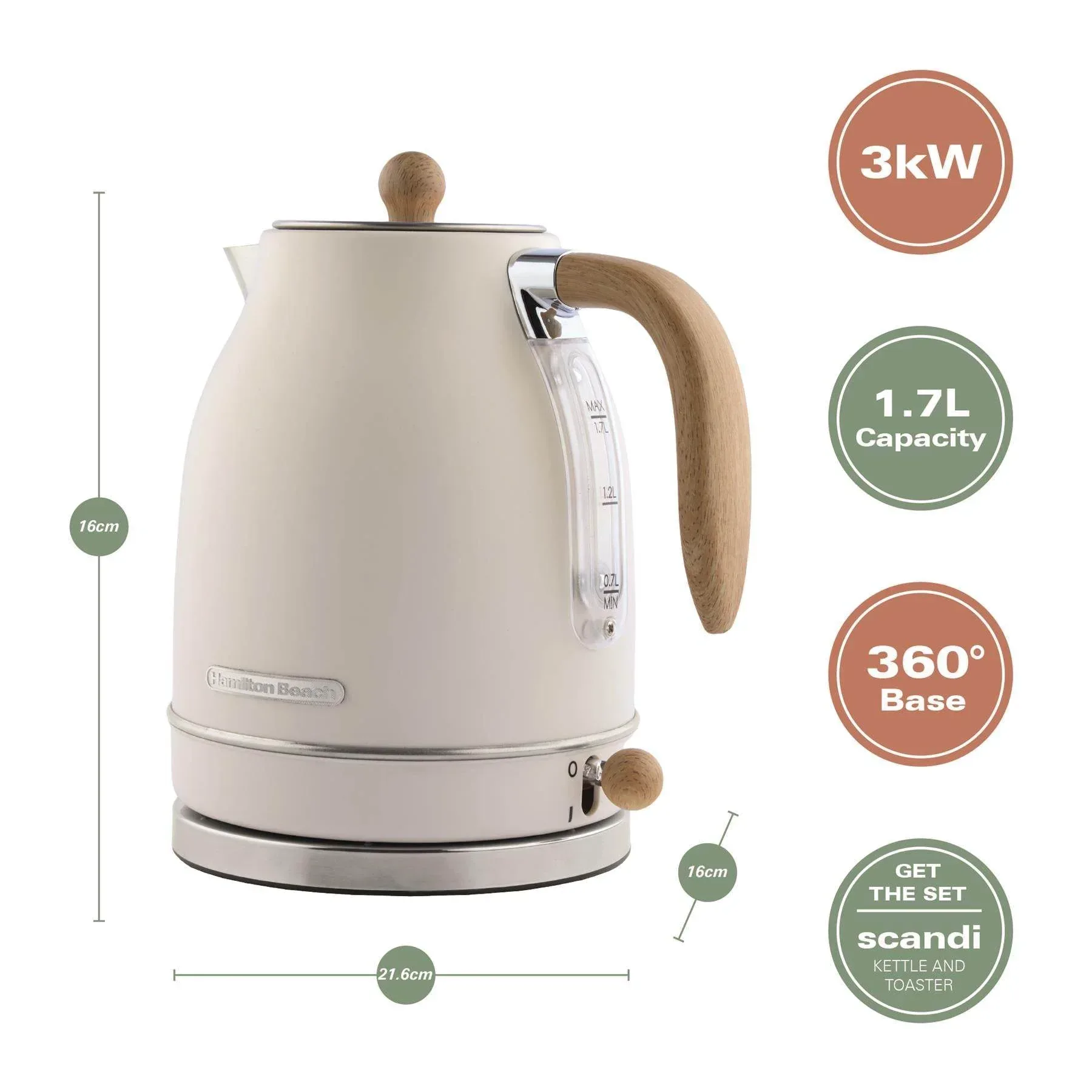 Hamilton Beach Scandi 1.7L Jug Kettle - Matte Cream with Wood Effect - Image 4