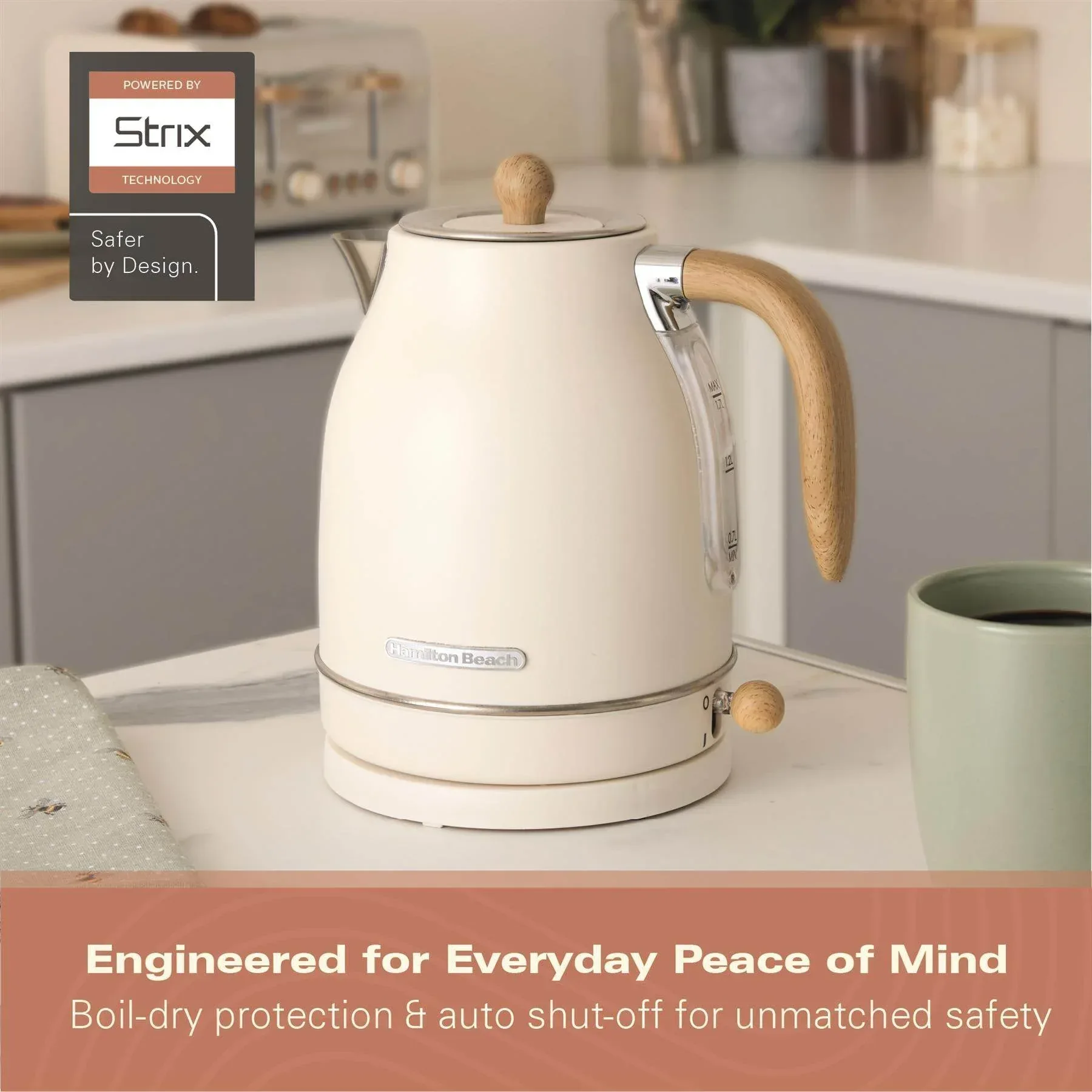 Hamilton Beach Scandi 1.7L Jug Kettle - Matte Cream with Wood Effect - Image 9