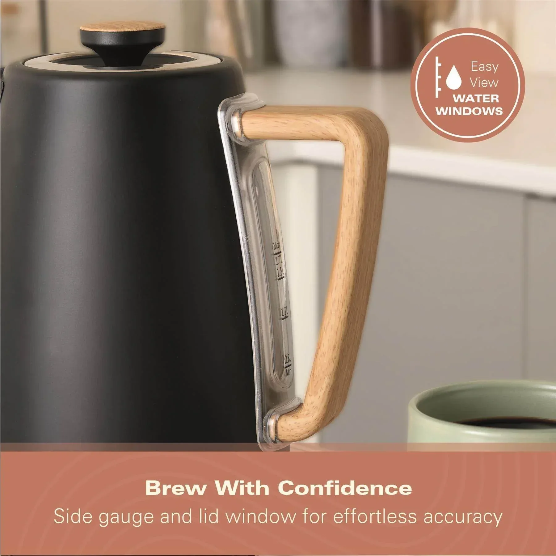 Hamilton Beach Scandi 1.7L Kettle - Matte Black with Wood Effect - Image 7
