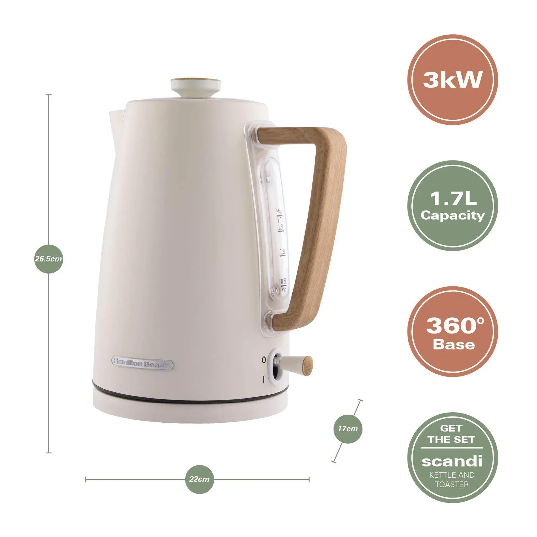 Hamilton Beach Scandi 1.7L Kettle - Matte Cream with Wood Effect - Image 4