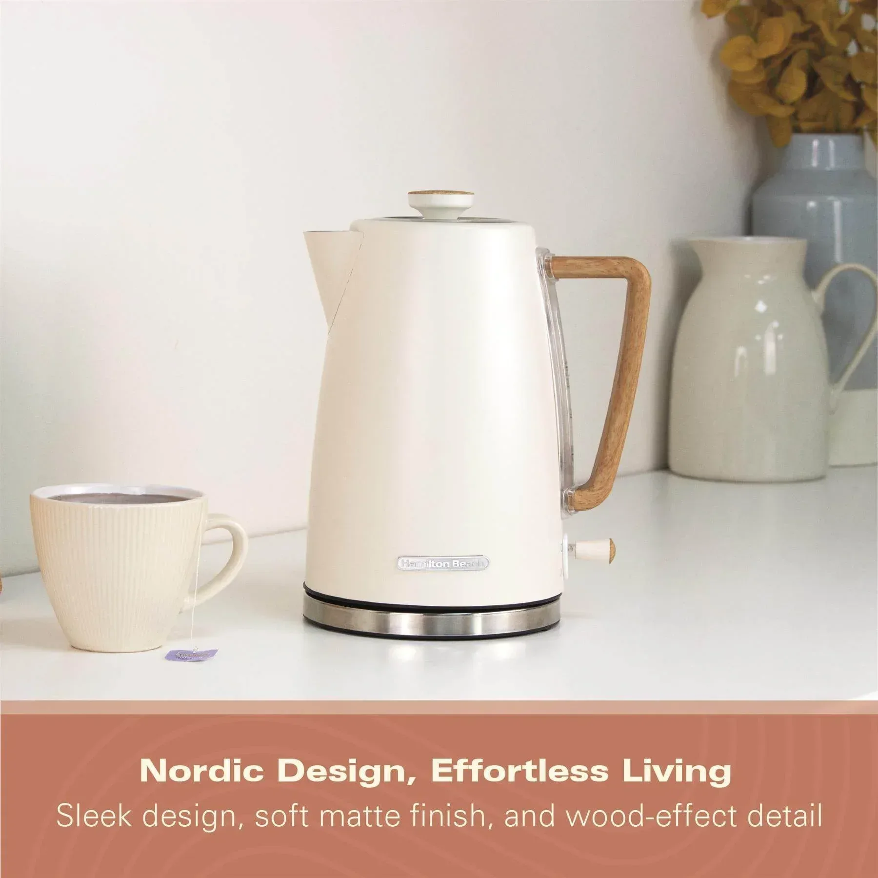 Hamilton Beach Scandi 1.7L Kettle - Matte Cream with Wood Effect - Image 5