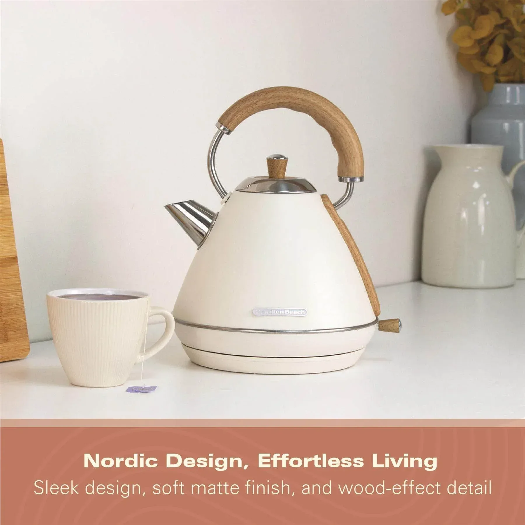 Hamilton Beach Scandi 1.7L Pyramid Kettle - Matte Cream with Wood Effect - Image 5
