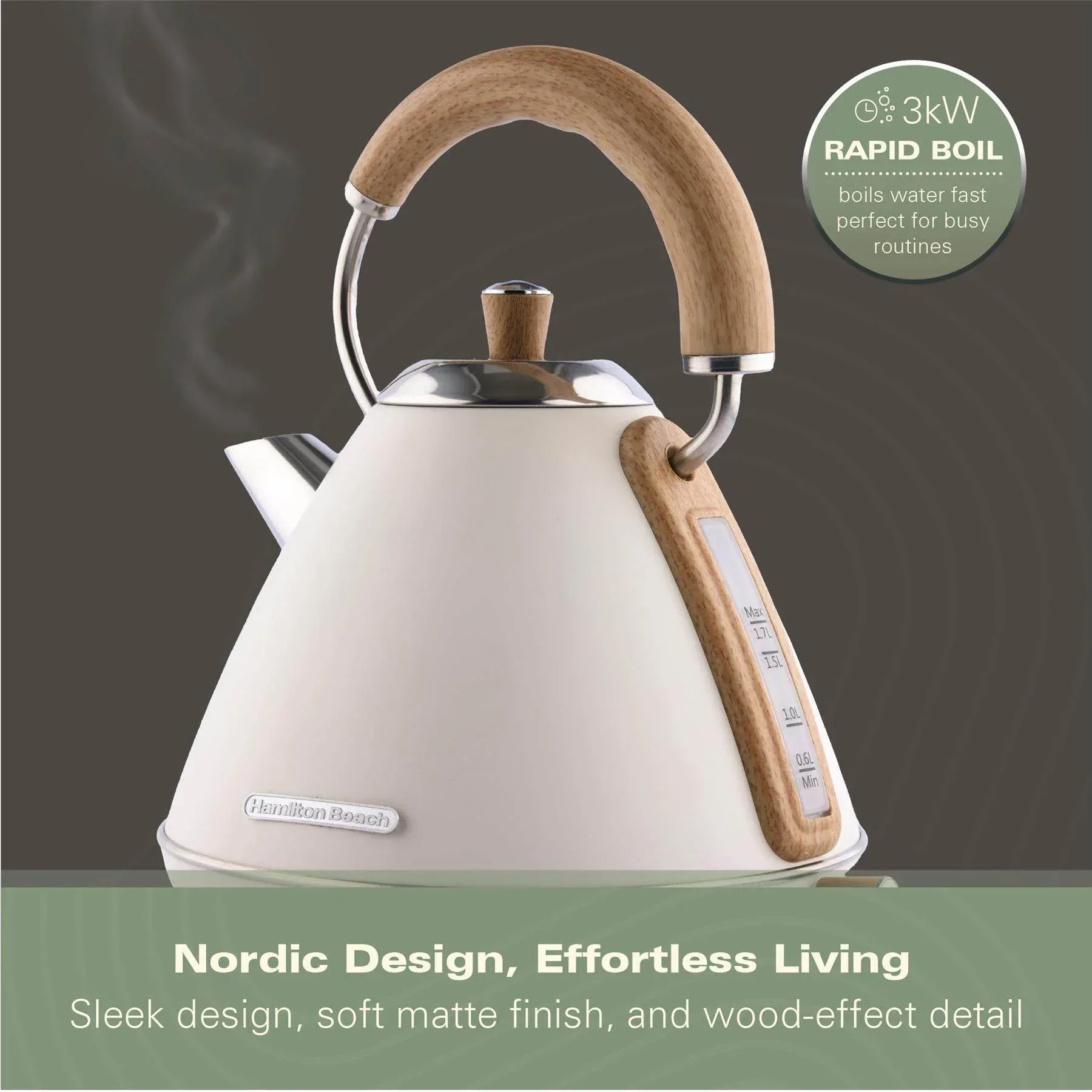 Hamilton Beach Scandi 1.7L Pyramid Kettle - Matte Cream with Wood Effect - Image 6