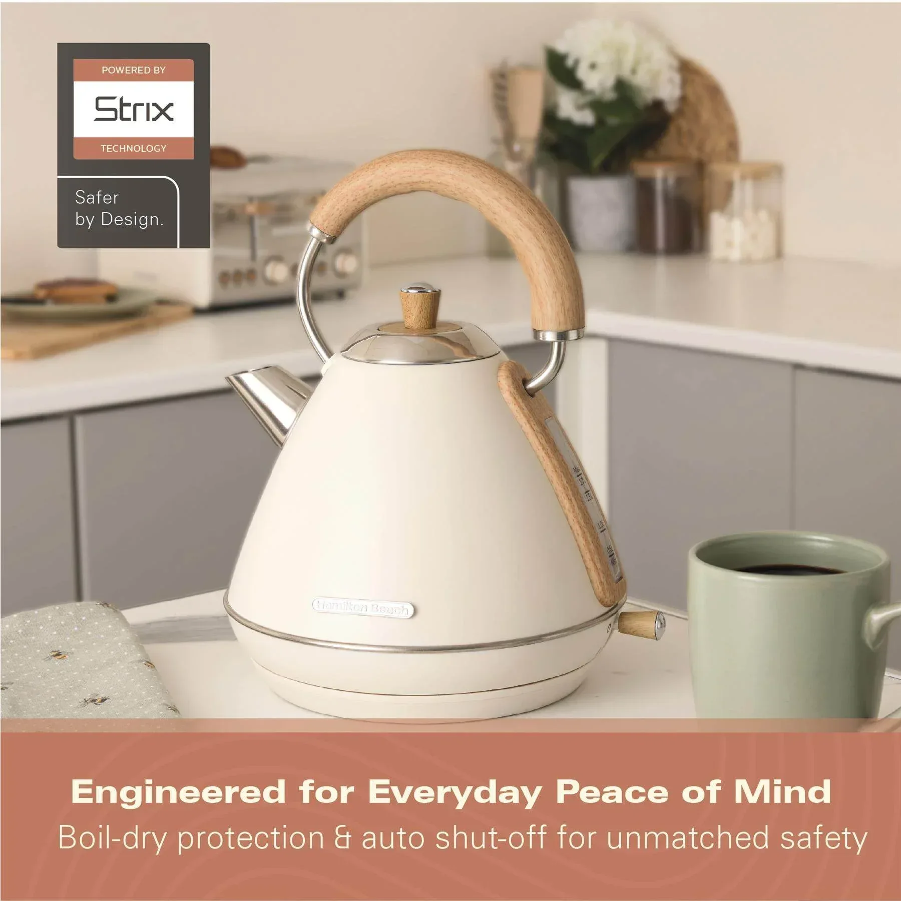 Hamilton Beach Scandi 1.7L Pyramid Kettle - Matte Cream with Wood Effect - Image 9