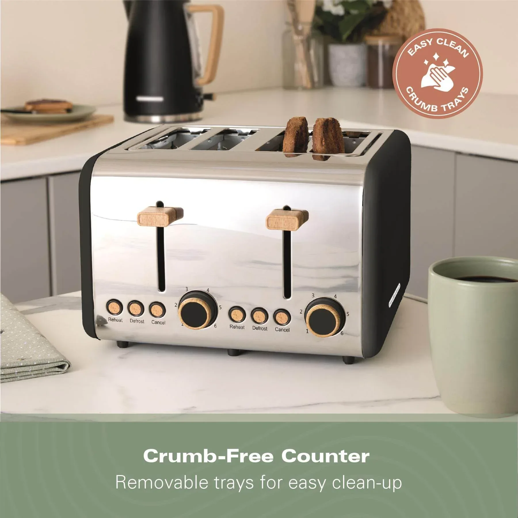 Hamilton Beach Scandi 4 Slice Toaster - Matte Black with Wood Effect - Image 10