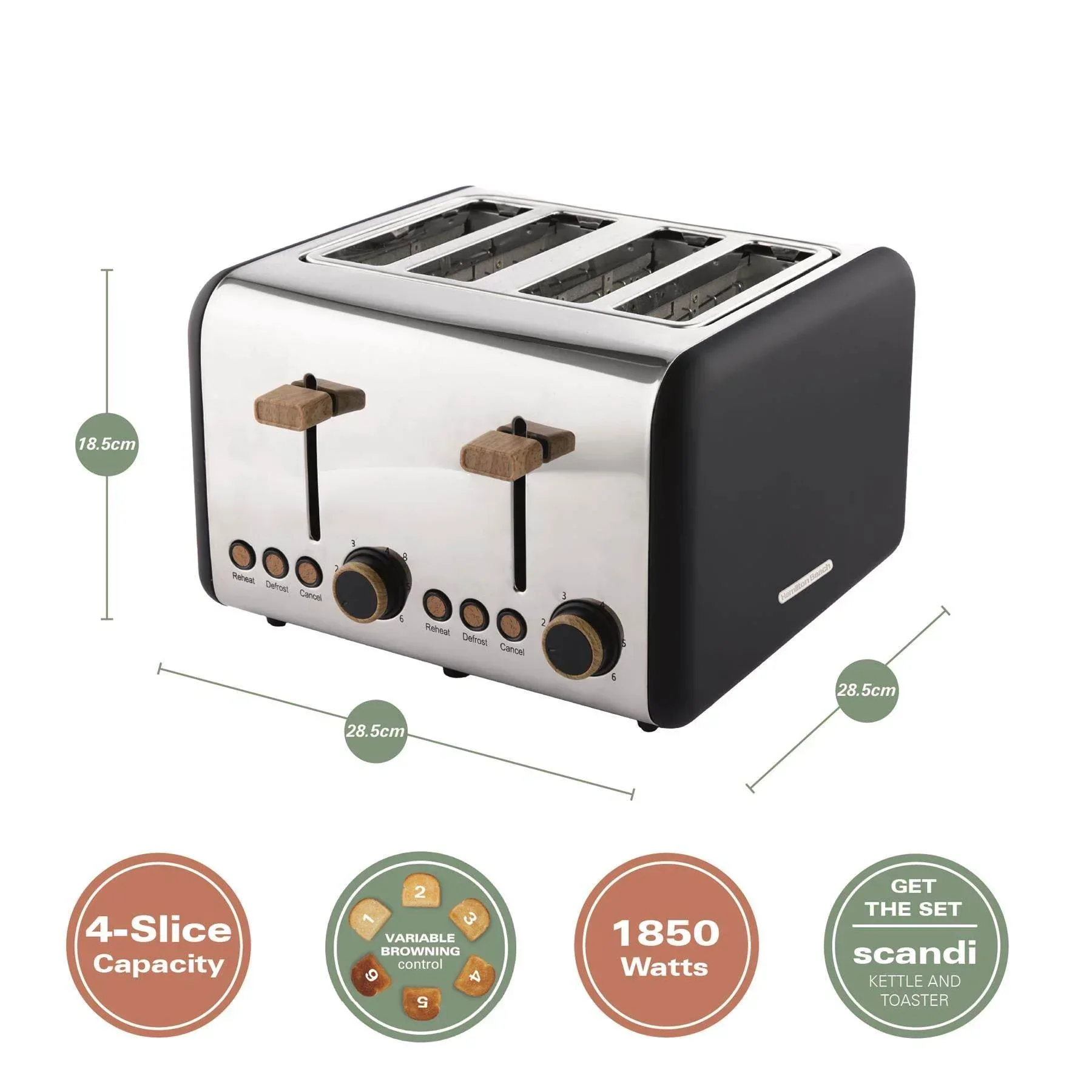 Hamilton Beach Scandi 4 Slice Toaster - Matte Black with Wood Effect - Image 4