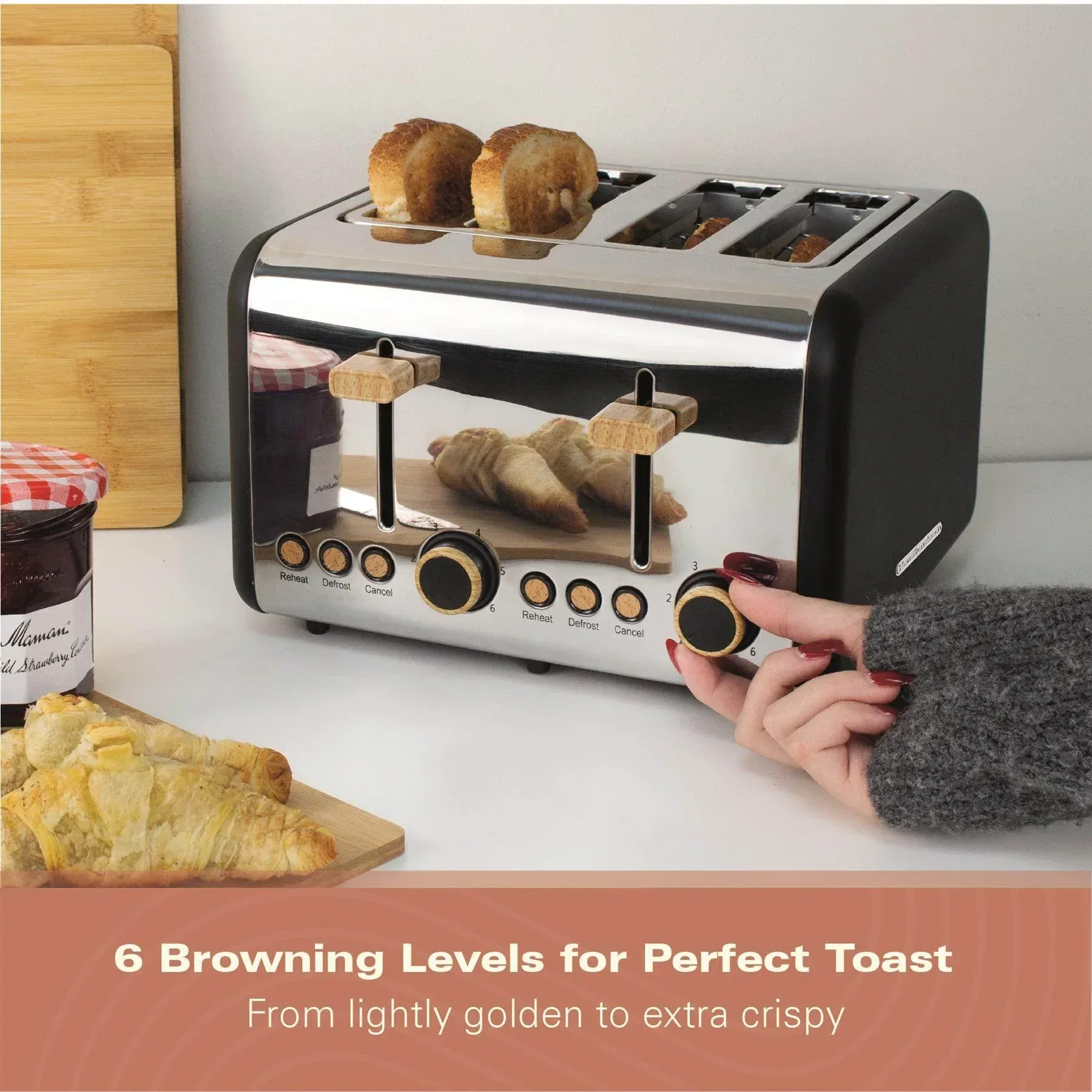 Hamilton Beach Scandi 4 Slice Toaster - Matte Black with Wood Effect - Image 7