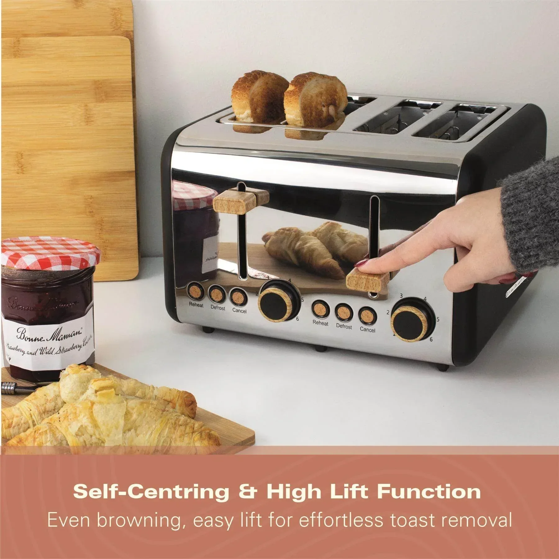Hamilton Beach Scandi 4 Slice Toaster - Matte Black with Wood Effect - Image 9