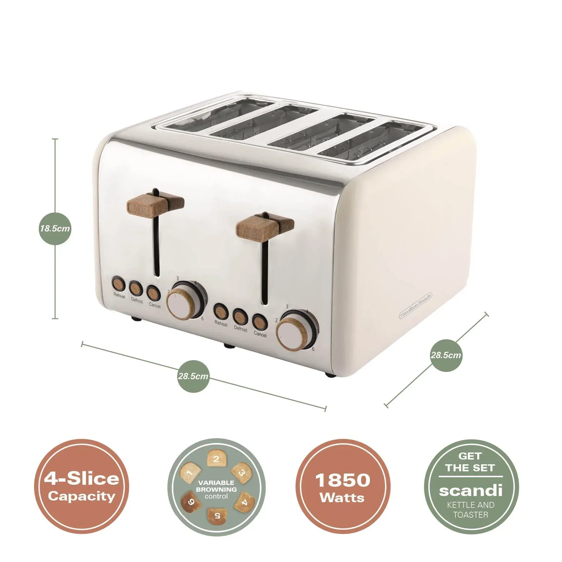 Hamilton Beach Scandi 4 Slice Toaster - Matte Cream with Wood Effect - Image 4