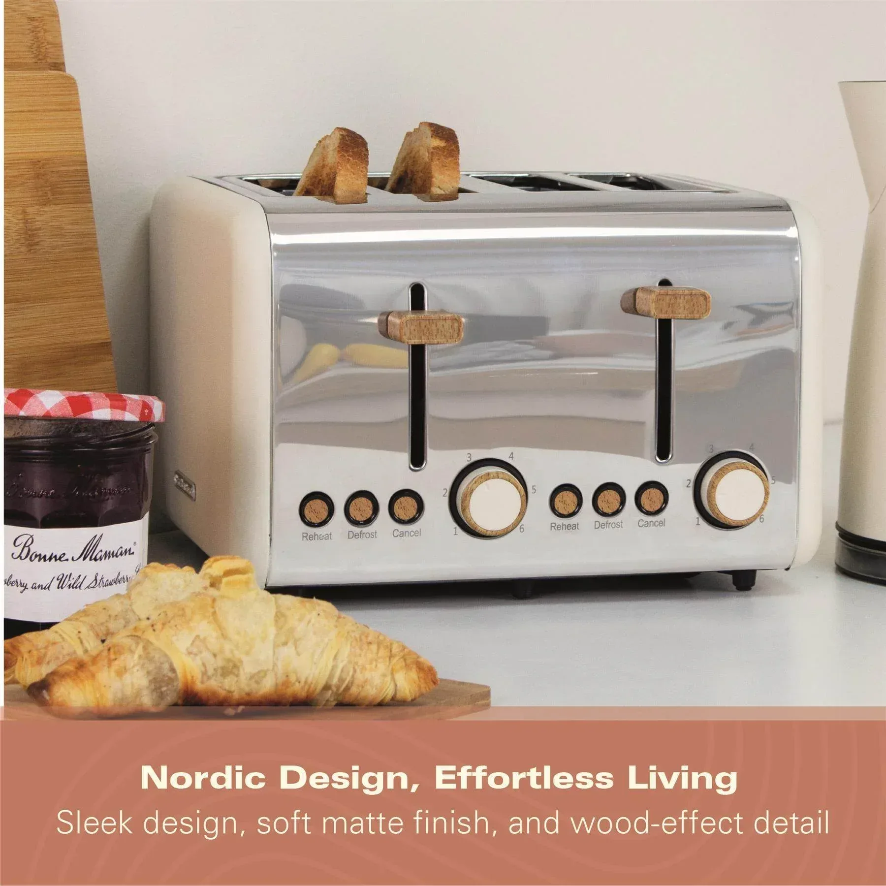 Hamilton Beach Scandi 4 Slice Toaster - Matte Cream with Wood Effect - Image 5