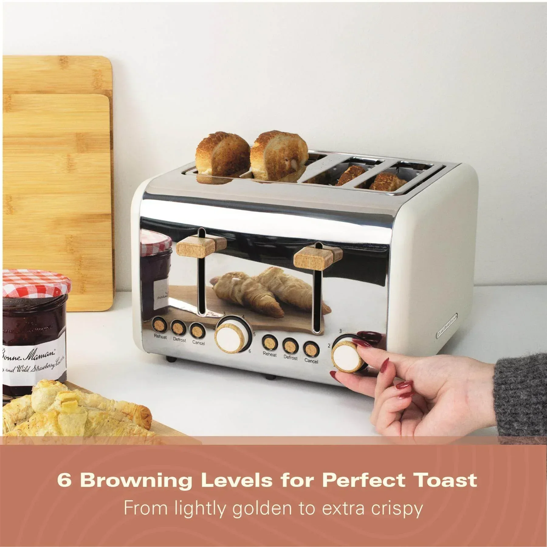 Hamilton Beach Scandi 4 Slice Toaster - Matte Cream with Wood Effect - Image 7