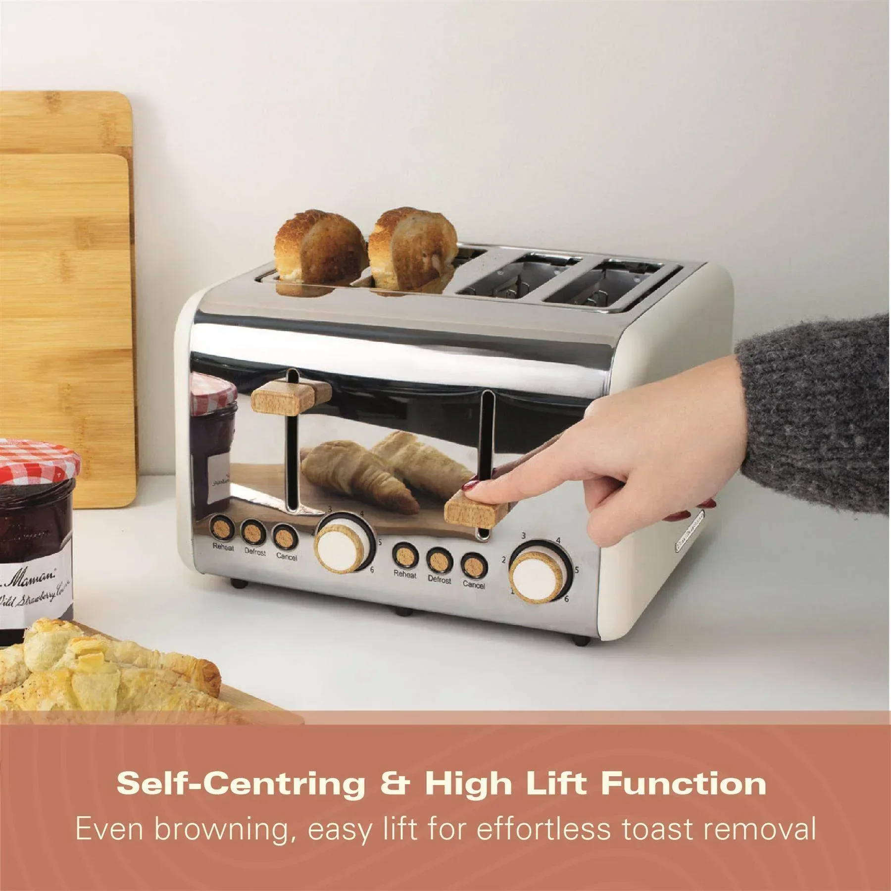 Hamilton Beach Scandi 4 Slice Toaster - Matte Cream with Wood Effect - Image 9